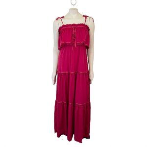 VTG 70s Lace Trim Tiered Maxi Dress in Magenta Pink Bohemian Hippie SZ 8
